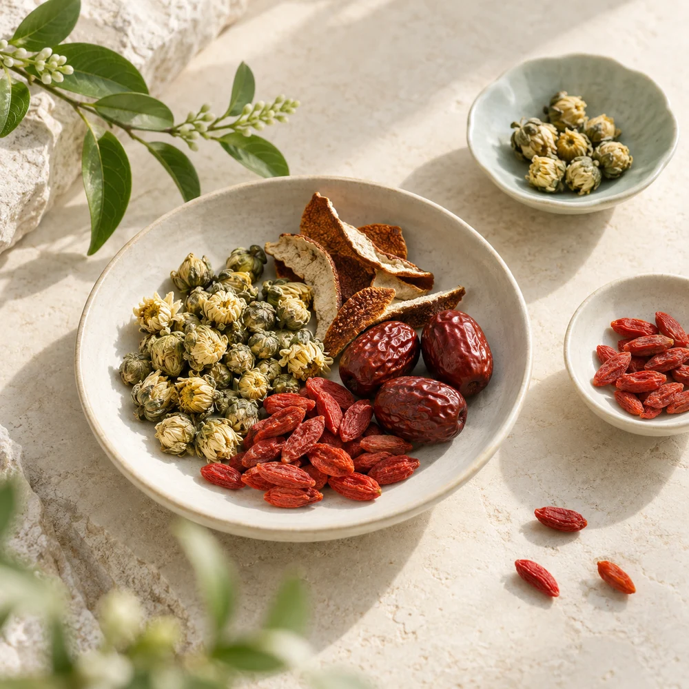 Chinese botanical ingredients arranged in pale ceramic dishes