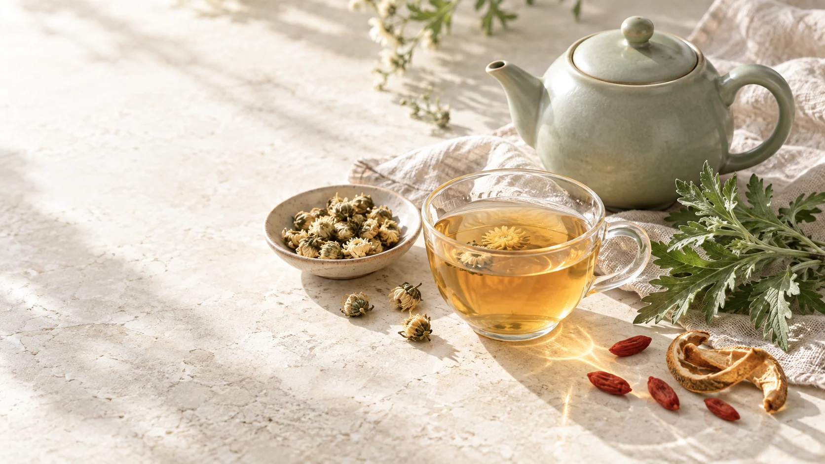 Herbal tea and a celadon teapot in natural light