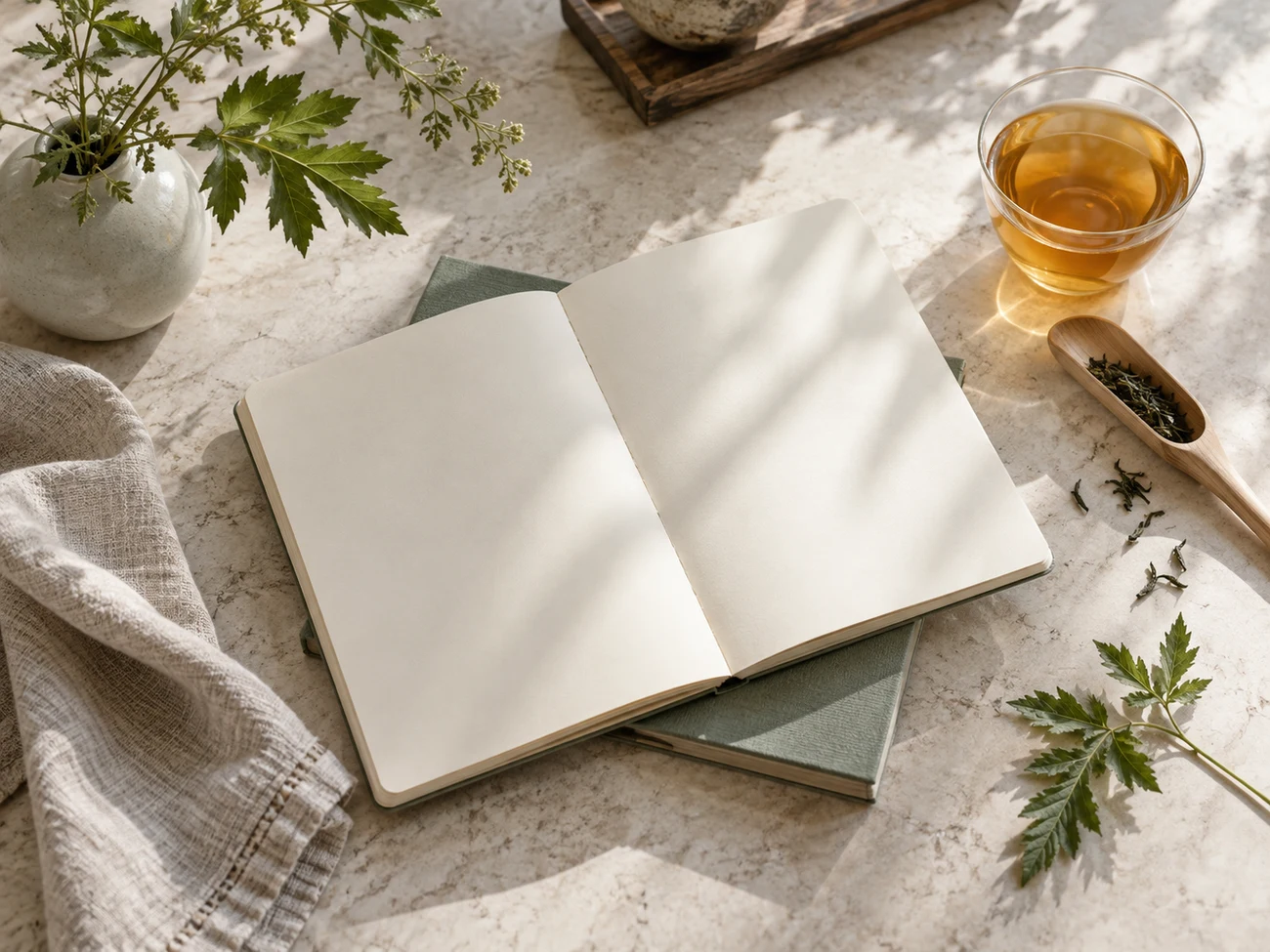 A notebook beside tea and botanical sprigs